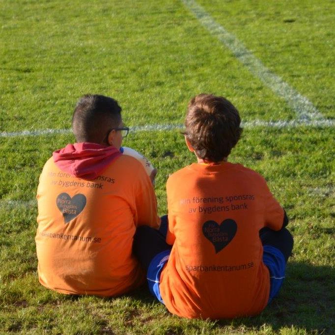 Två barn sitter på marken och ser på en fotbollsmatch