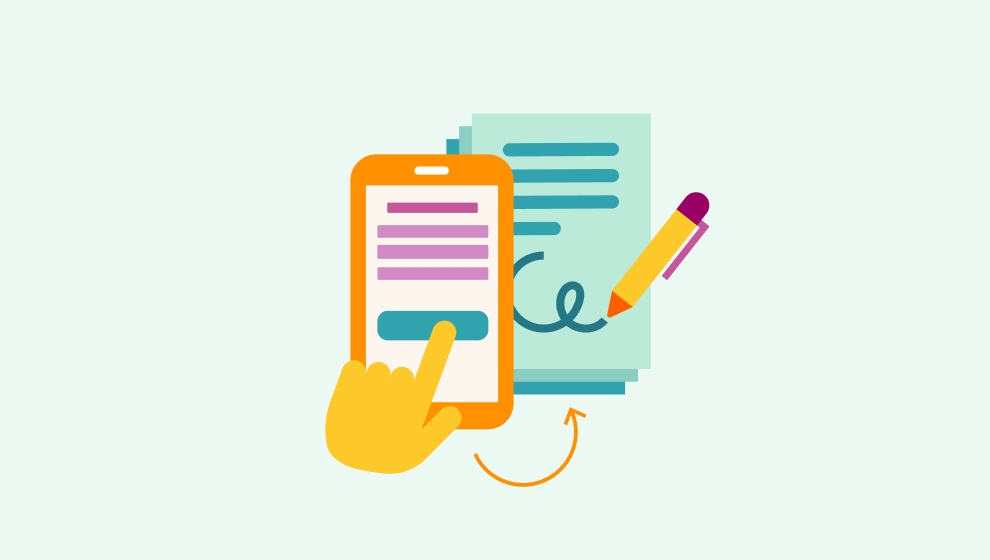 Illustration av en hand som signerar ett digitalt avtal i appen